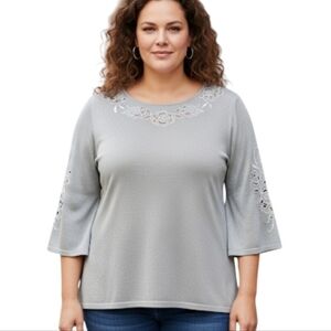 Bob Mackie Silver Metallic Floral Cut Out Blouse